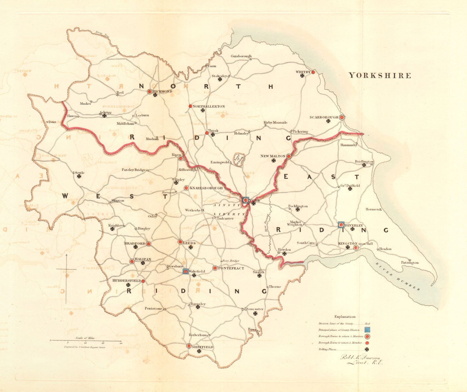 Yorkshire county map. Ridings boroughs electoral. REFORM ACT. DAWSON 1832